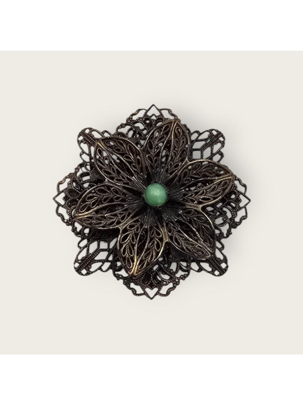 Floral Filigree Brooch Darkened Metal Green Cabochon - Classic Elegance